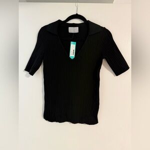 Modern Citizen Black Ribbed knit collared V-neck Short Sleeve sweater large